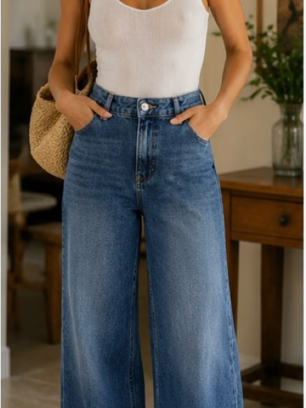 BCBGeneration Women's High-Rise Wide Leg Jeans - Medium Blue Boho Cottagecore